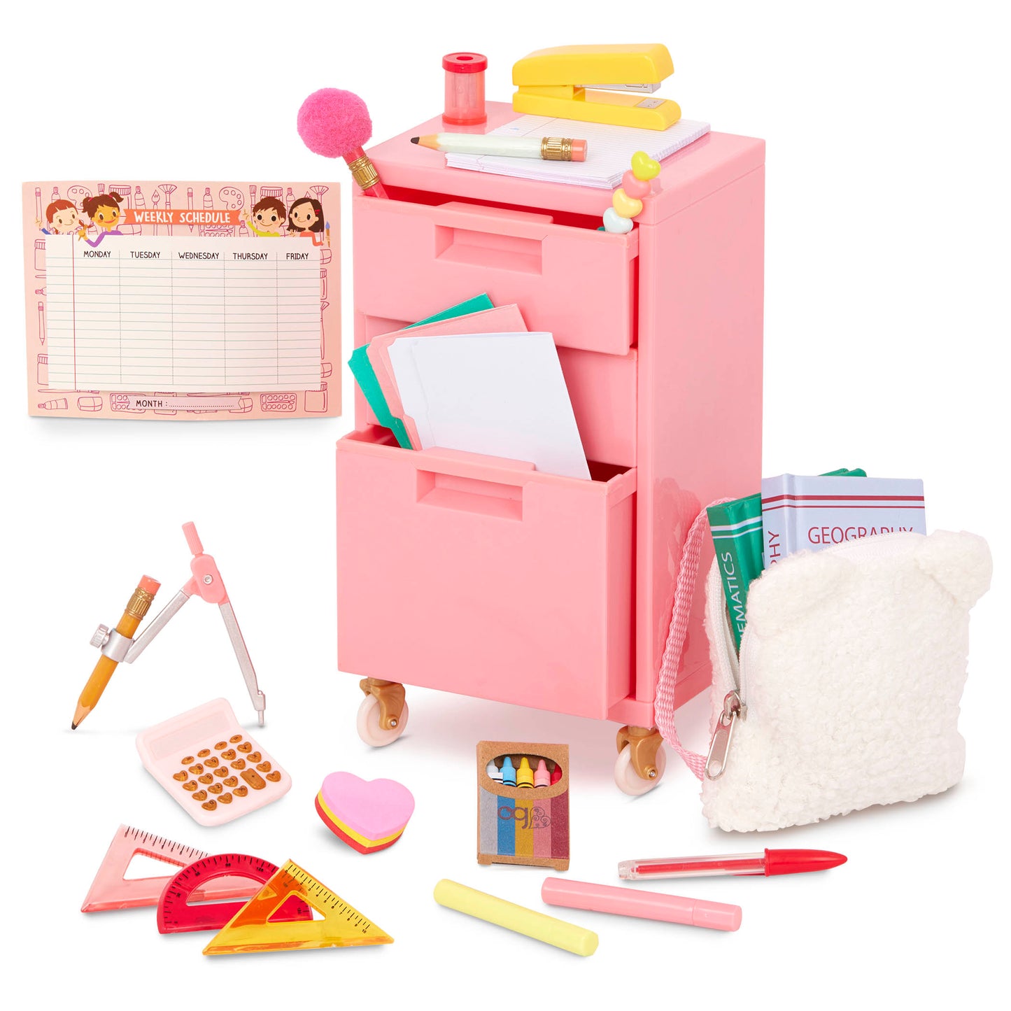 Pink Filing Cabinet & School Supplies for 18" Dolls