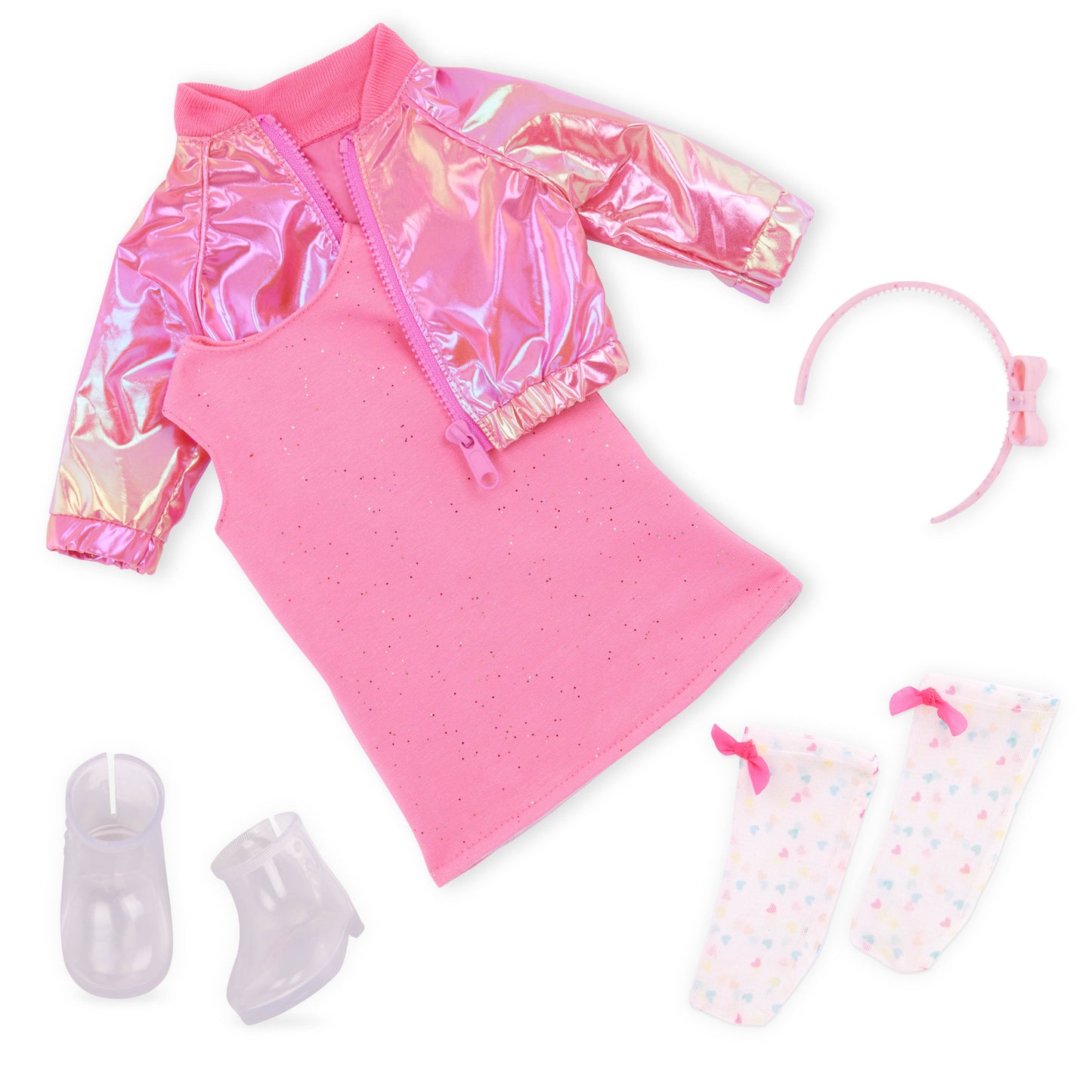 Metallic Pink Bomber Jacket & Dress Outfit for 18-inch Dolls