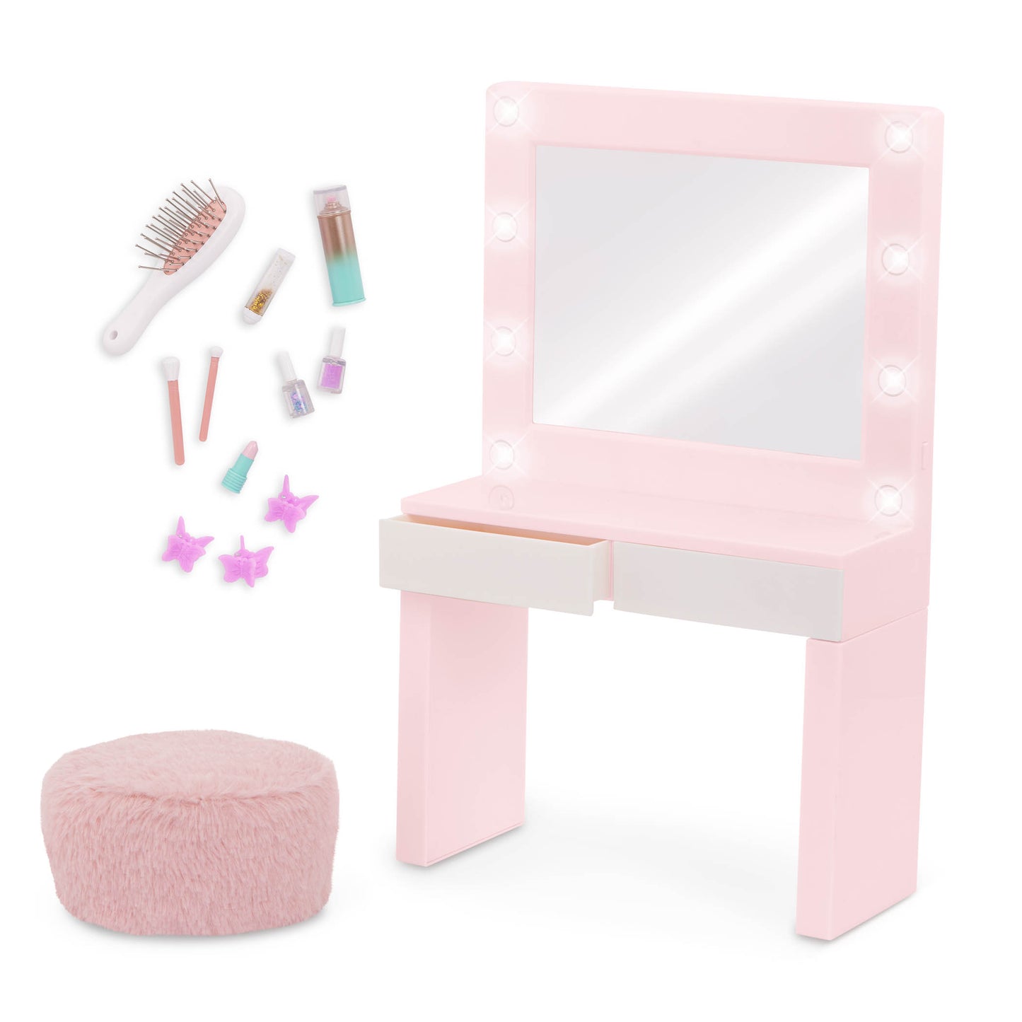 Pink Vanity Table & Light-up Mirror for 18" Dolls