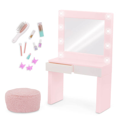 Pink Vanity Table & Light-up Mirror for 18" Dolls