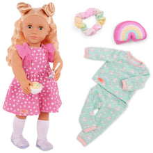 18" Doll with Pink Dress & Rainbow Pajama Outfits