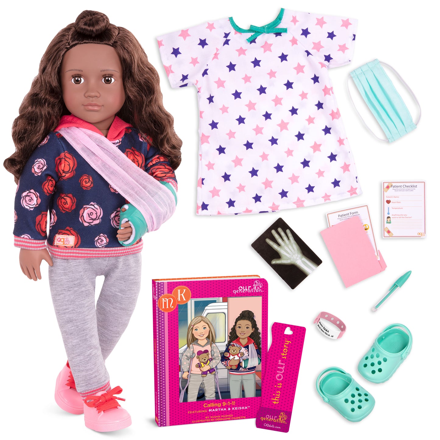 18-inch Posable Doll with Arm Cast & Book