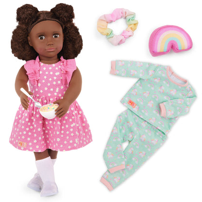 18" Doll with Pink Dress & Rainbow Pajama Outfits