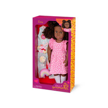 18" Doll with Pink Dress & Rainbow Pajama Outfits